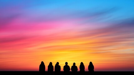 Silhouetted Friends Watching Vibrant Sunset Sky