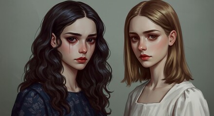 Naklejka premium Twin Portraits: A Study in Melancholy and Beauty 