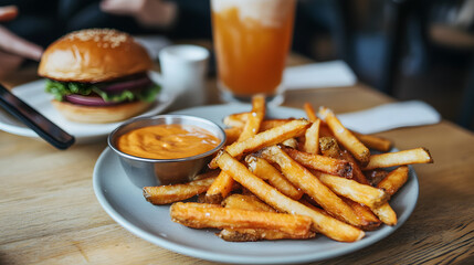 A plate of golden french fries with a side of cheese sauce sits on a wooden table next to a juicy burger and a glass of orange juice. Perfect for a casual lunch or dinner.