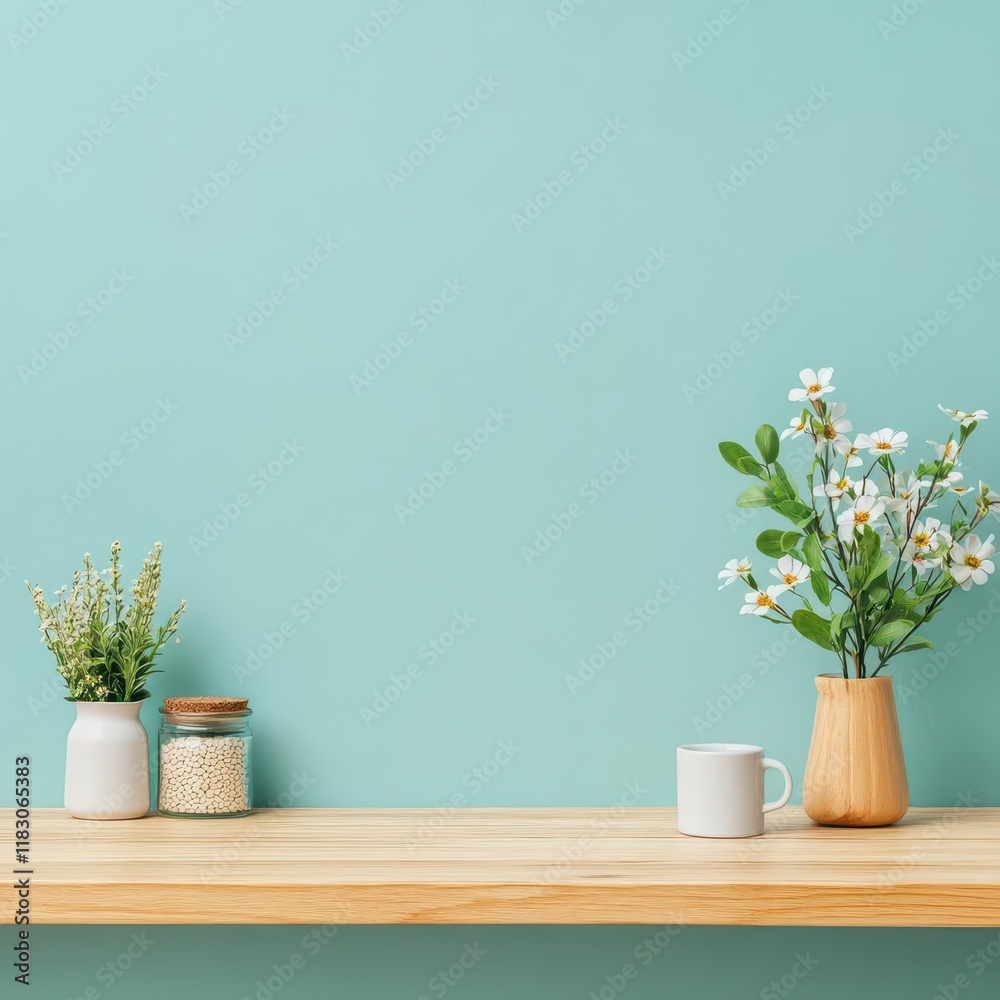 Fototapete charming display of three elegant vases with colorful fresh flowers on a wooden shelf creating a war