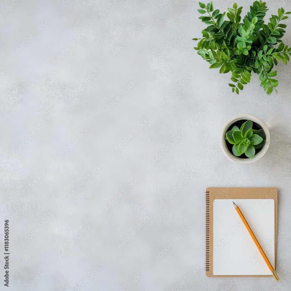 Poster A tranquil scene featuring a lush green plant and an open notebook resting on a rustic wooden table creating a cozy and inviting workspace atmosphere