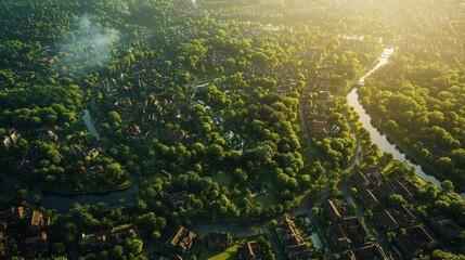 Aerial view of a lush green residential area with a river winding through it. Illustrates sustainable urban planning, showcasing nature integrated into city life.