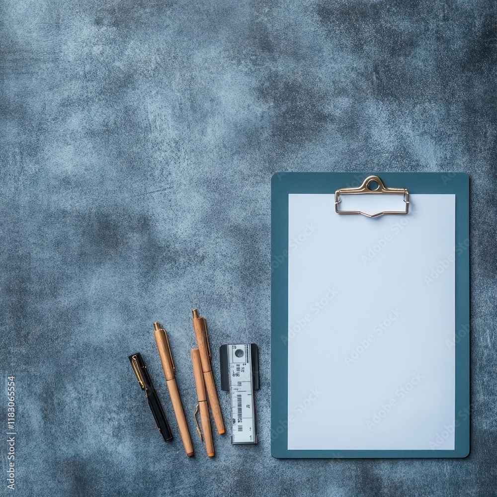 Poster a minimalist workspace featuring a clipboard with blank paper and a pen on a textured gray backgroun