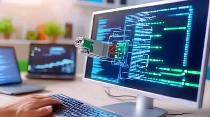 Close-up Photo: Programmer Efficiently Integrating Hardware into Software Code on Desktop. AI Generated