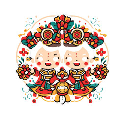 Fototapeta premium Two cartoon children in traditional Chinese clothing holding flowers, surrounded by floral patterns and a lion dance costume.