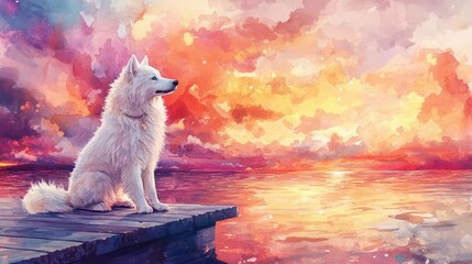 Samoyed sitting on a dock, its fluffy coat shimmering in the pink and gold tones of a watercolor sunset