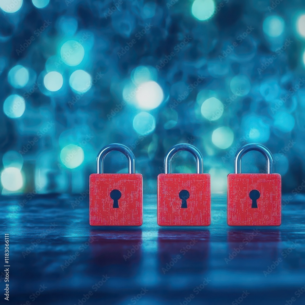 Aufkleber three bright red padlocks on a vibrant blue background creating a striking visual contrast and evoki