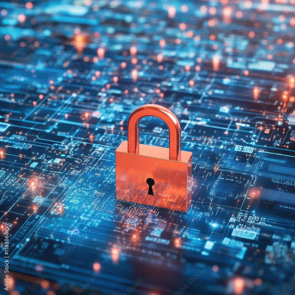 Poster Intricate Padlock Secured on Electronic Circuit Board Surrounded by Complex Wiring and Components Highlighting Themes of Security and Technology