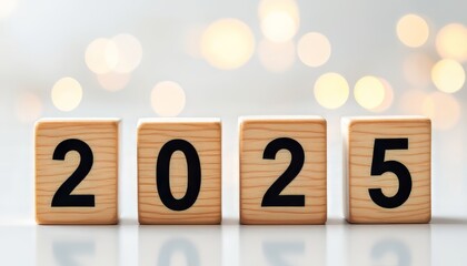Wooden blocks showing the year 2025 with a soft bokeh background.