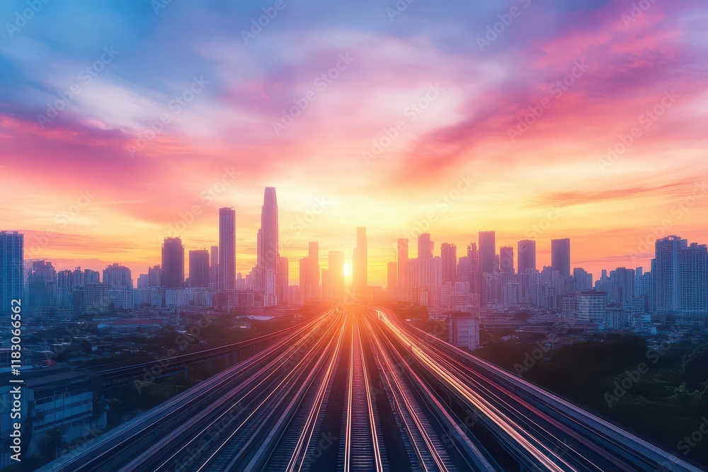 Aufkleber serene train track under a vibrant sunset with warm hues reflecting in the sky creating a tranquil a