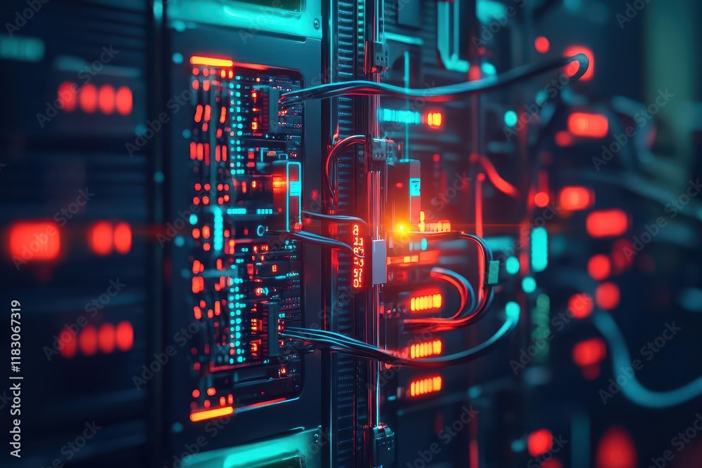 Poster Illuminated Computer Server Rack with Vibrant Red and Blue LED Lights Creating a Dynamic and High-Tech Atmosphere in a Modern Data Center Environment