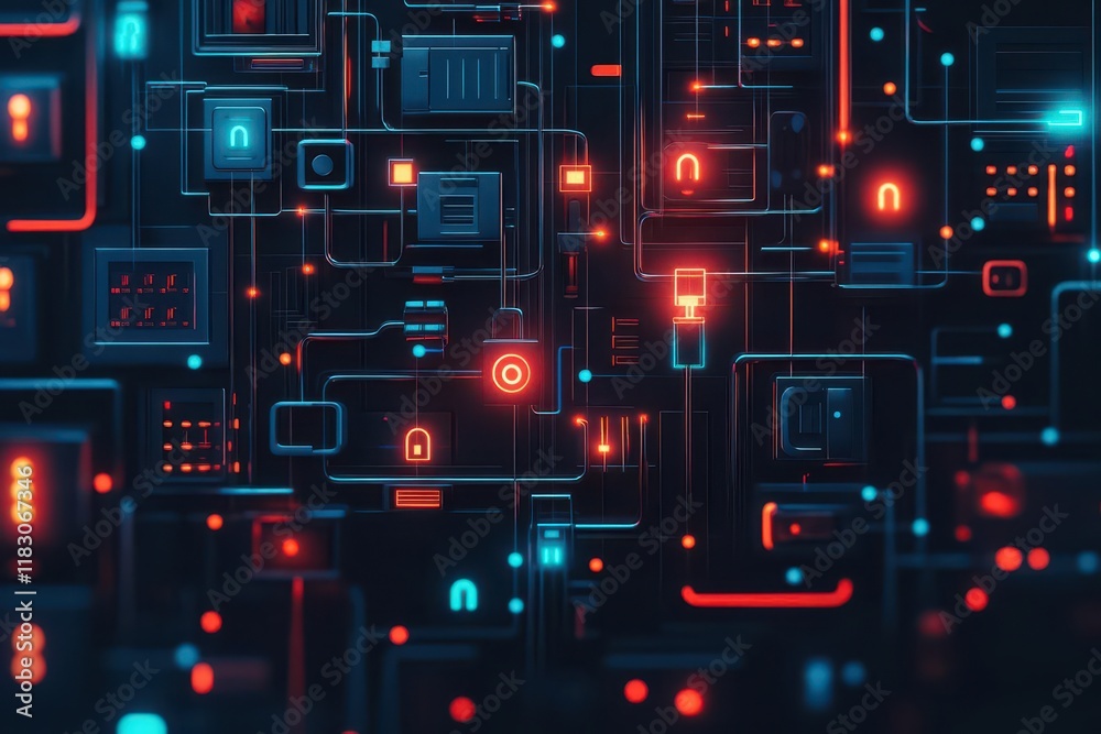 Poster Sophisticated ransomware attack represented as a dark maze of wires and locks with bright security lights