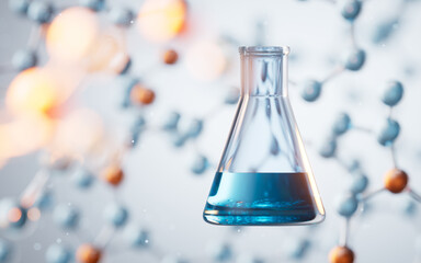 Conical flask with transparent molecules background, 3d rendering.