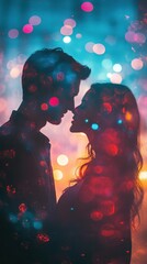 Silhouetted romantic couple in an intimate embrace under a vibrant display of colorful glowing bokeh lights at night creating a dreamy whimsical and abstract atmosphere of passion and connection