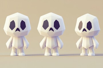Obraz premium Three Unique Low-Poly Ghost Characters with Expressive Facial Features in a Simple Background Creating a Quirky and Playful Atmosphere for Creative Projects
