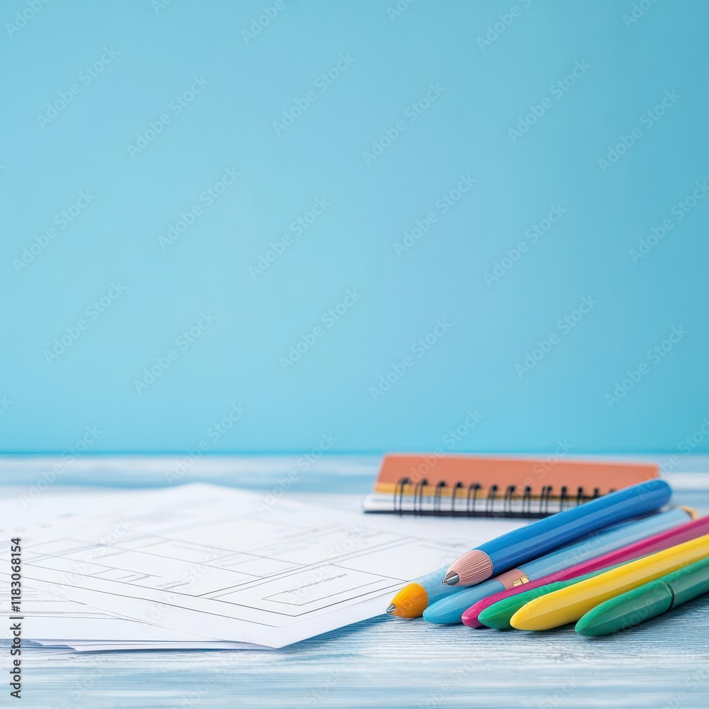 Poster artistic arrangement of various pencils and a notebook on a wooden table evoking creativity and insp