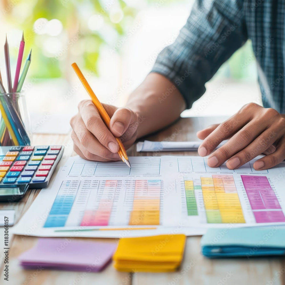 Poster focused individual engaged in detailed financial analysis and spreadsheet calculations in a modern w