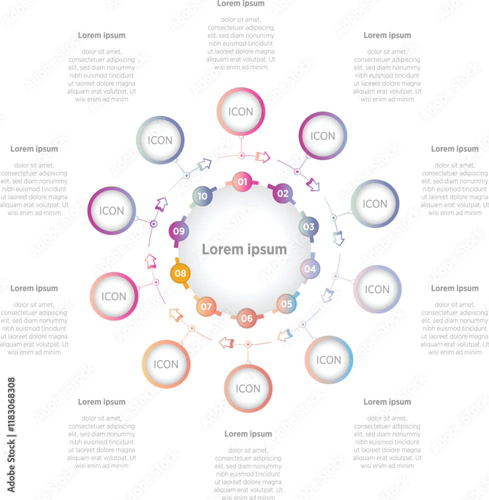 Wall mural colorful modern 10 circle infographic list of steps, circular layout diagram with number of sequence