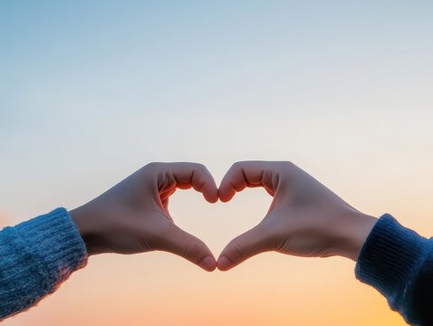 Two hands forming a heart shape against a sunset, clear sky background, with space for text below