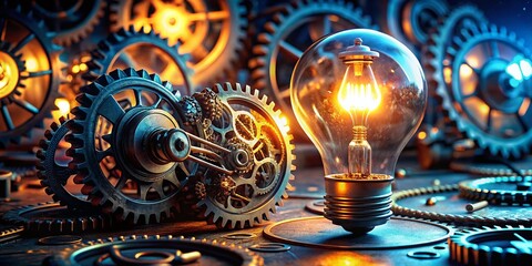 Low Light Photo of Illuminated Gears, Arrows & Lightbulb: Innovation Concept