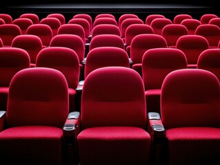 Obraz premium A row of empty red theater seats, showcasing a classic cinema environment, inviting viewers for an immersive movie experience.
