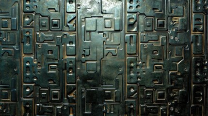 Dark teal metallic embossed texture with geometric patterns.
