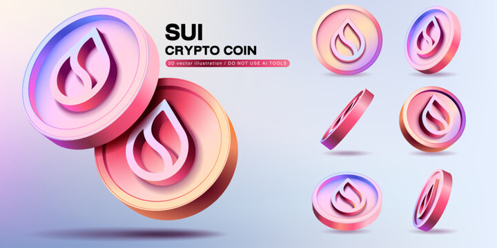 3D Vector SUI Cryptocurrency Coins Set. Perspective Illustration about Crypto Coins