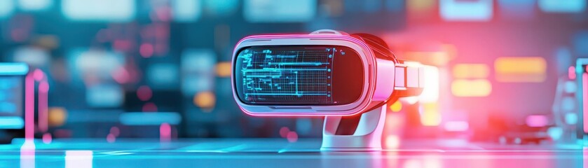 Virtual reality content creation studio, futuristic equipment, neon lights, innovative feel