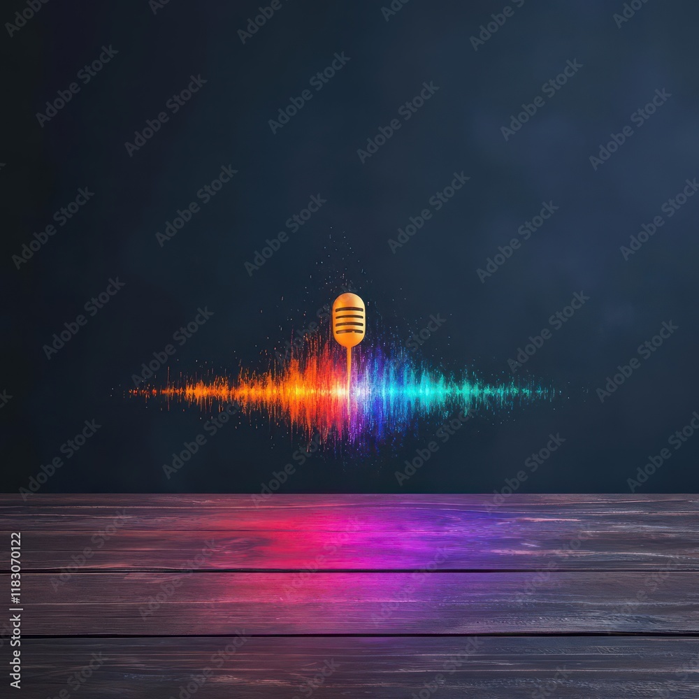 Poster Vibrant Colorful Sound Wave Displayed on Rustic Wooden Table Evoking Artistic Expression and Creativity in Contemporary Digital Art Form