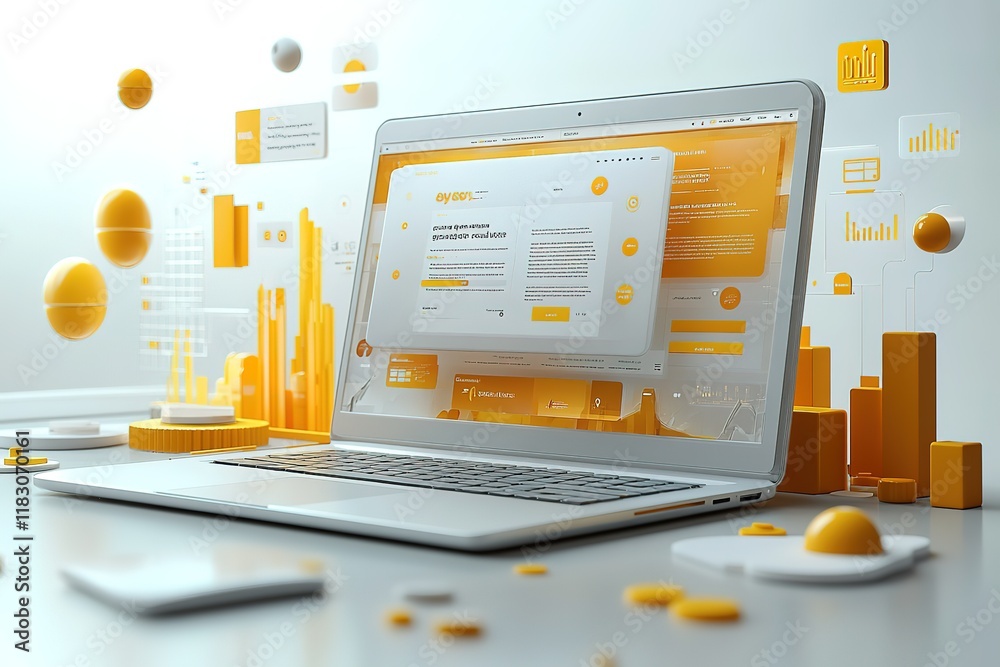 Fototapete laptop displaying data analytics and website design. modern technology and business concepts.