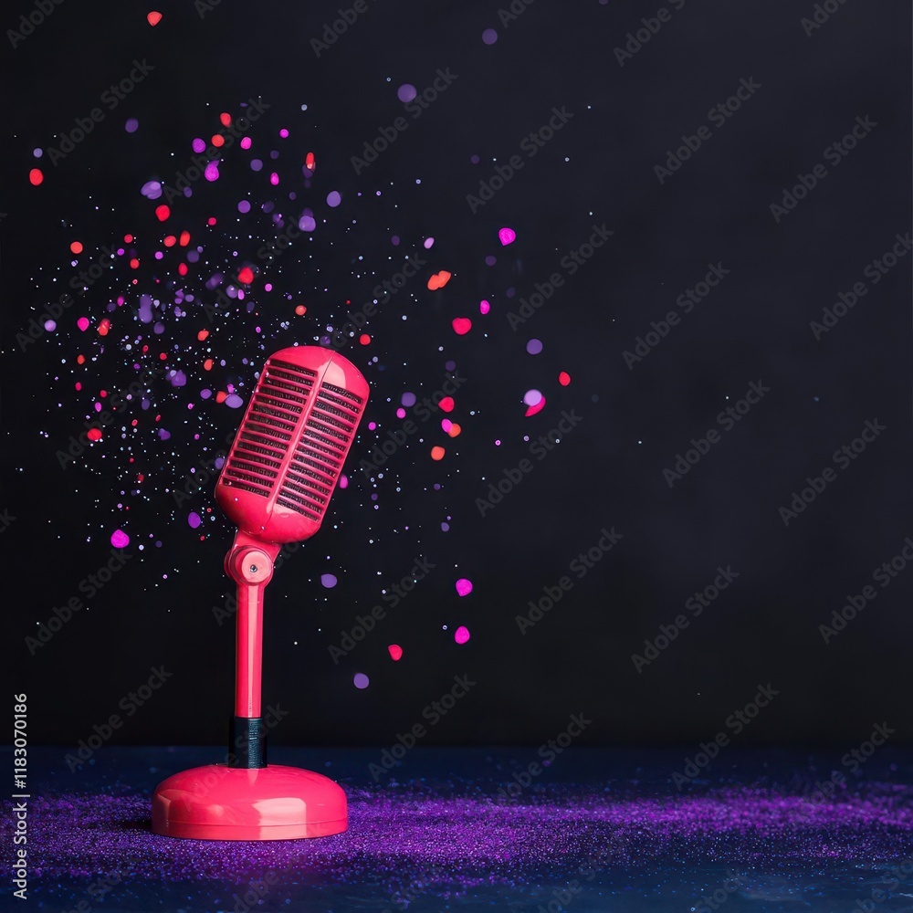 Aufkleber Vibrant Red Microphone Surrounded by Colorful Confectionery on Dark Background Creating a Playful and Energetic Atmosphere for Music and Fun