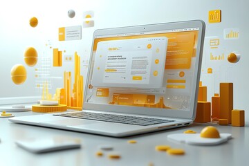 Laptop displaying data analytics and website design.  Modern technology and business concepts.