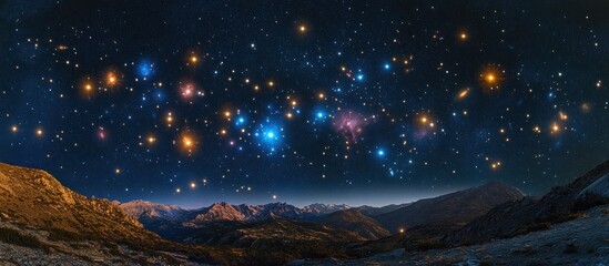 Majestic night sky over mountain range.