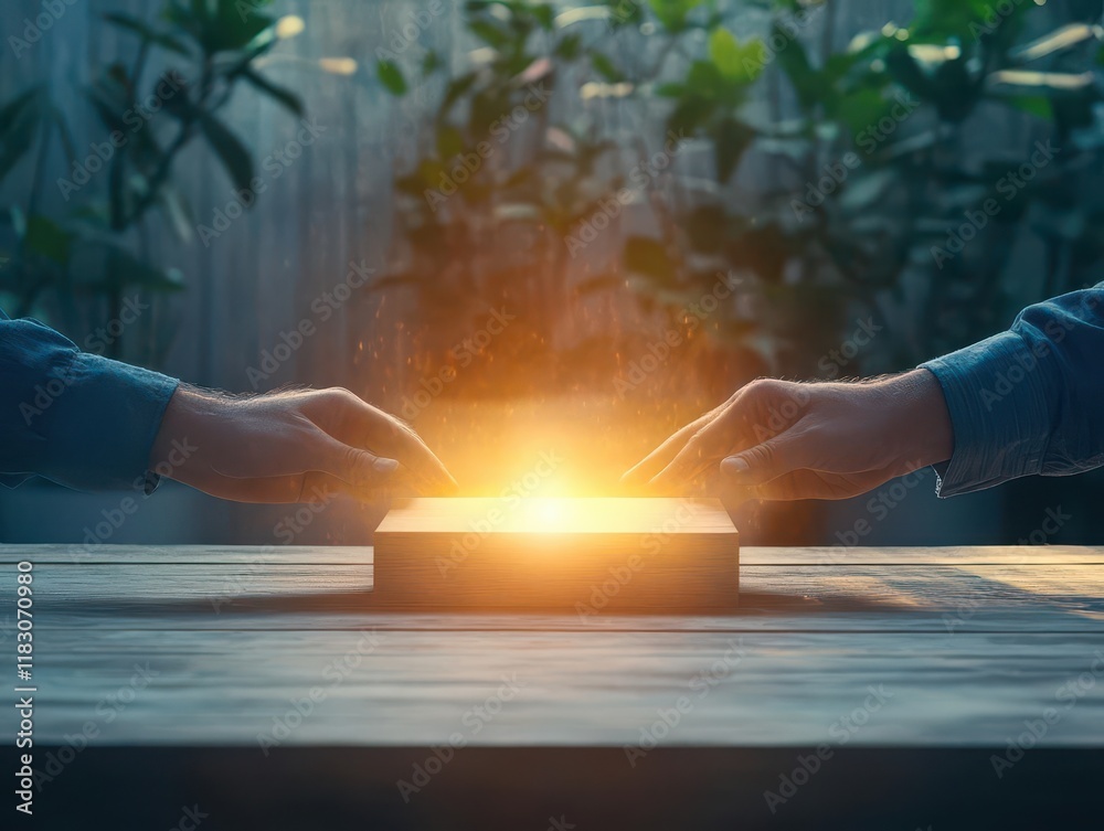 Poster two hands grasping a laptop emitting a soft glowing light symbolizing innovation and technology in a