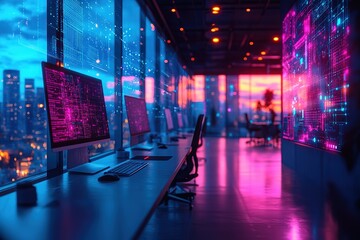 Modern tech office at night.  Desktops display glowing code against a city backdrop. Futuristic and vibrant.