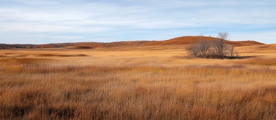 Fototapeta premium Expansive golden prairie landscape under a pale blue sky, featuring a lone, leafless tree.