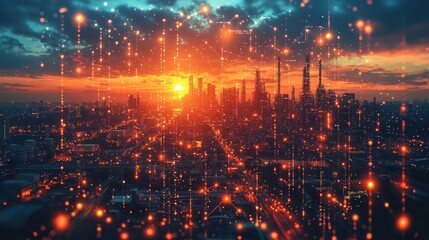 Naklejka premium Sunset Metropolis: A Digital Tapestry of Urban Lights and Networks