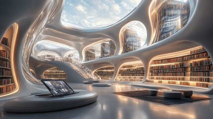 Obraz premium Futuristic Library: Organic Architecture, Serene Lighting, and Open City Views