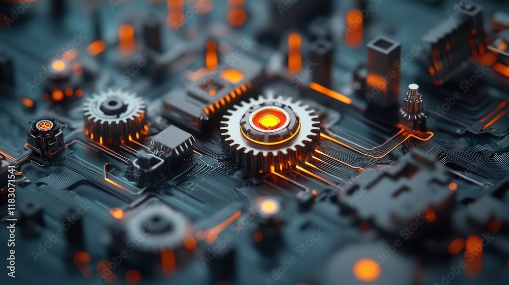 Poster Futuristic close-up of a high-tech circuit board with glowing orange elements and metallic gears, representing advanced technology, innovation, and digital connectivity