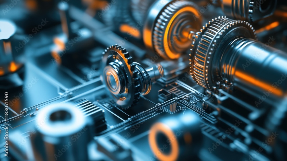 Poster intricate overview of metal gears and machinery components highlighting precision engineering and te
