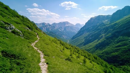 A scenic mountain landscape with a winding path, lush greenery, and a clear blue sky, inviting exploration and adventure in nature.