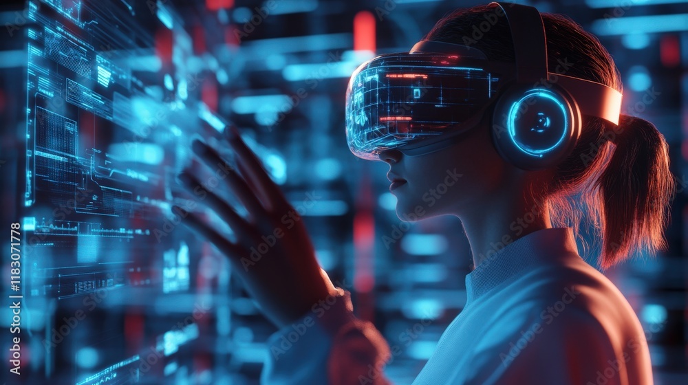 Aufkleber futuristic woman engaged in virtual reality experience with high-tech visual effects in a digital en