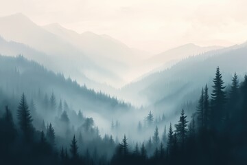Obraz premium Misty Forest-Covered Mountains in Soft Morning Light