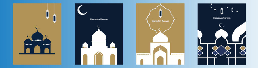 Ramadan Kareem Set of posters, cards, holiday covers. Modern design in pastel colors with pattern, mosque, lanterns, and moon. vector illustration