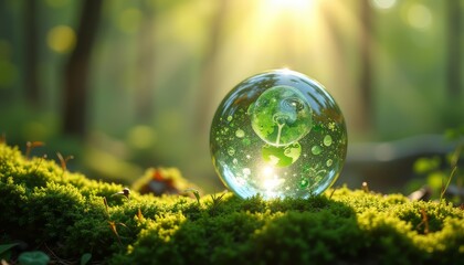 A crystal globe depicting Earth surrounded by vibrant green moss.