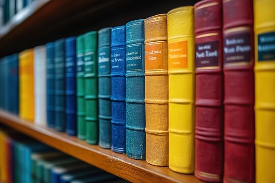 Colorful collection of books neatly arranged on a wooden shelf. A diverse range of colors and sizes showcasing a variety of literature.