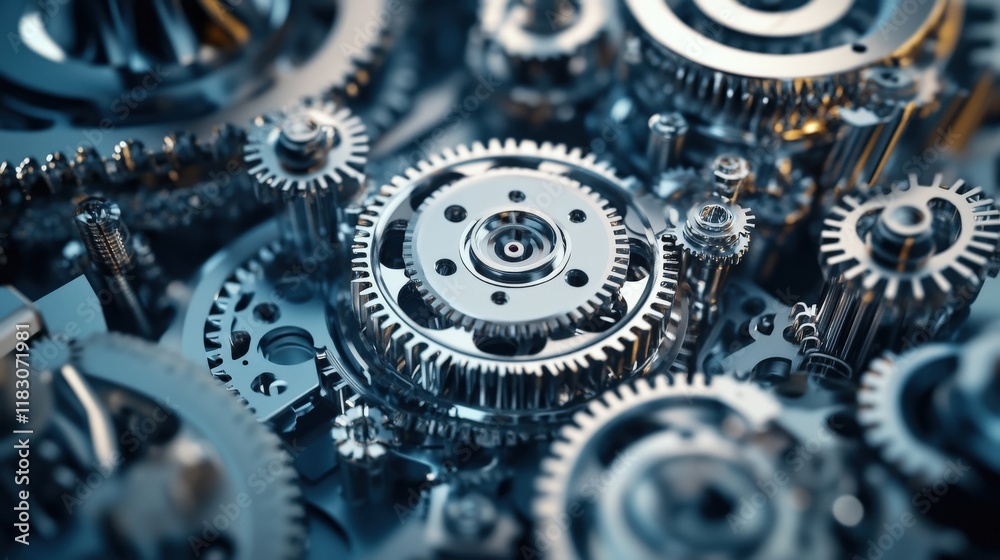 Poster intricate close-up of interlocking gears in metallic shine, showcasing precision engineering and mec