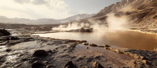 Obraz premium Steaming hot springs in a rocky desert landscape.