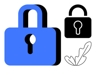 Two padlocks one blue, one black alongside a simple leaf outline. Ideal for security, privacy, protection, safety, nature, balance, and abstract line flat metaphor