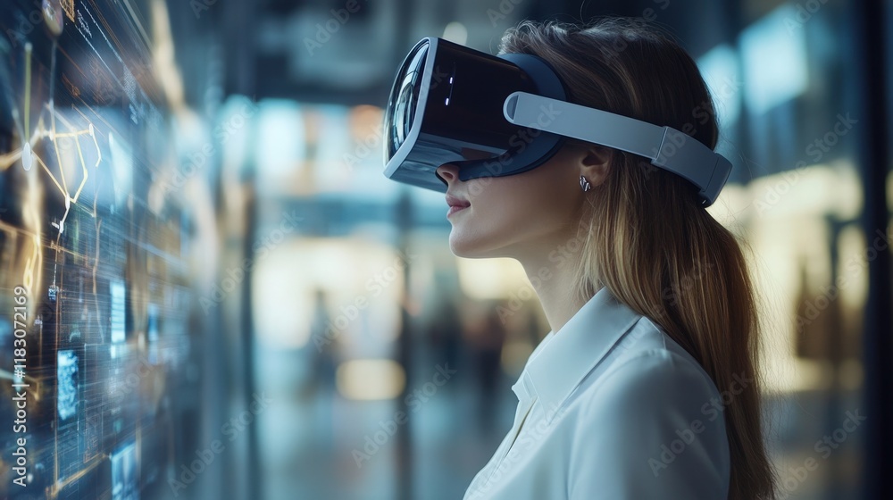 Poster Woman Engaged in Virtual Reality Experience While Analyzing Digital Data Visualizations in a Modern Technology Environment
